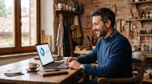 artigiano italiano che controlla il proprio sito web aziendale su laptop nel suo laboratorio
