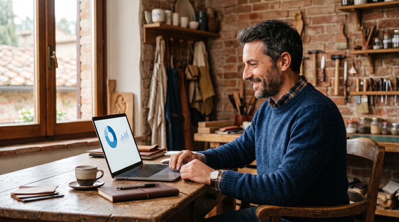 artigiano italiano che controlla il proprio sito web aziendale su laptop nel suo laboratorio