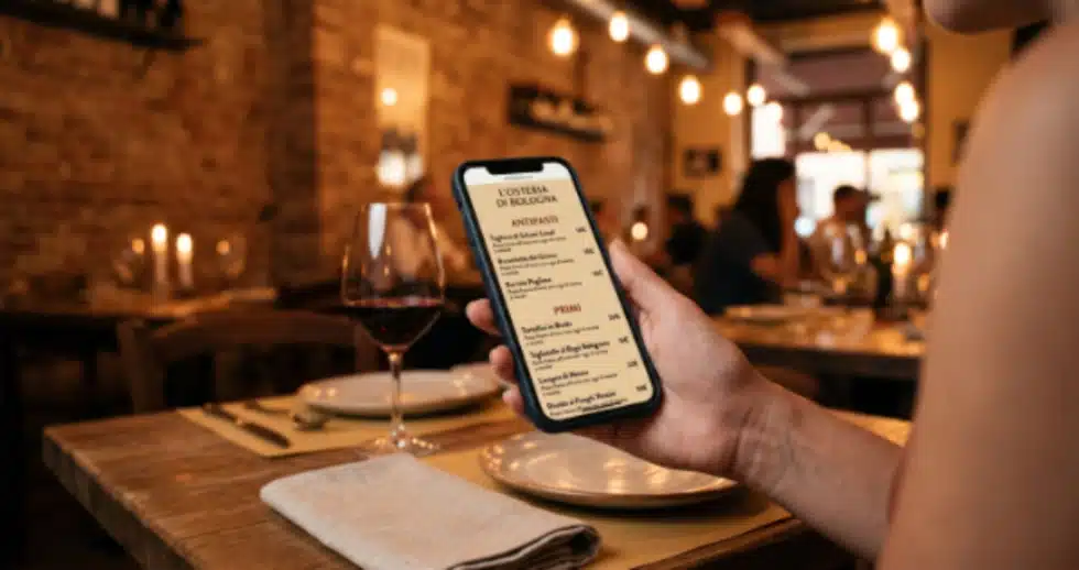 Sito web ristorante: come trasformare le visite in prenotazioni 1 Menu di un ristorante italiano consultato dal sito web mobile su smartphone al tavolo, con antipasti e primi piatti e prezzi chiaramente leggibili